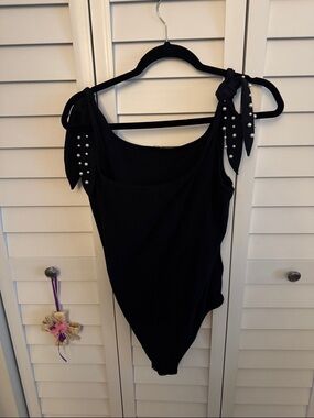 Express Black Pearl-Trim Tie-Shoulder Bodysuit